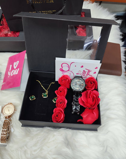 LADIES  GIFT SET (Watch,Necklace,Earrings,Flowers ,a note and gift bag)