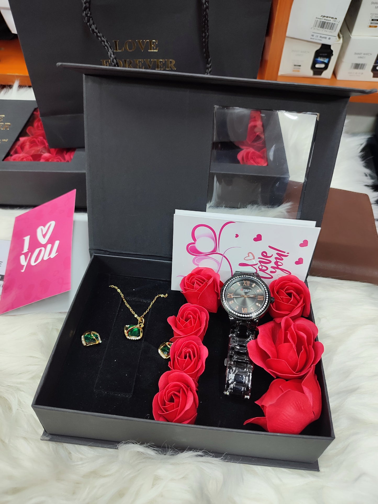 LADIES  GIFT SET (Watch,Necklace,Earrings,Flowers ,a note and gift bag)