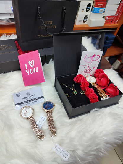 LADIES  GIFT SET (Watch,Necklace,Earrings,Flowers ,a note and gift bag)