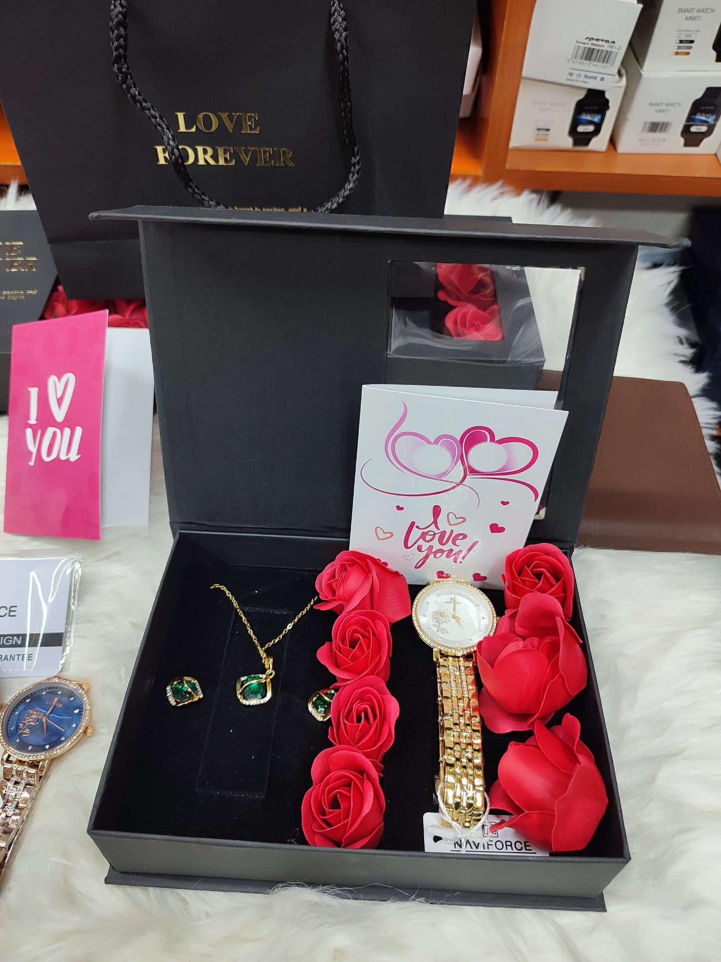 LADIES  GIFT SET (Watch,Necklace,Earrings,Flowers ,a note and gift bag)