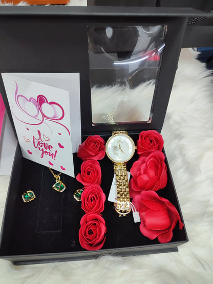 LADIES  GIFT SET (Watch,Necklace,Earrings,Flowers ,a note and gift bag)