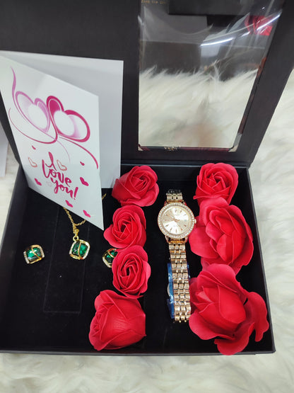 LADIES  GIFT SET (Watch,Necklace,Earrings,Flowers ,a note and gift bag)