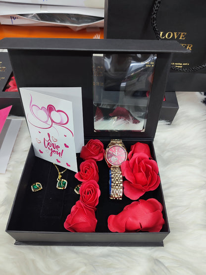 LADIES  GIFT SET (Watch,Necklace,Earrings,Flowers ,a note and gift bag)