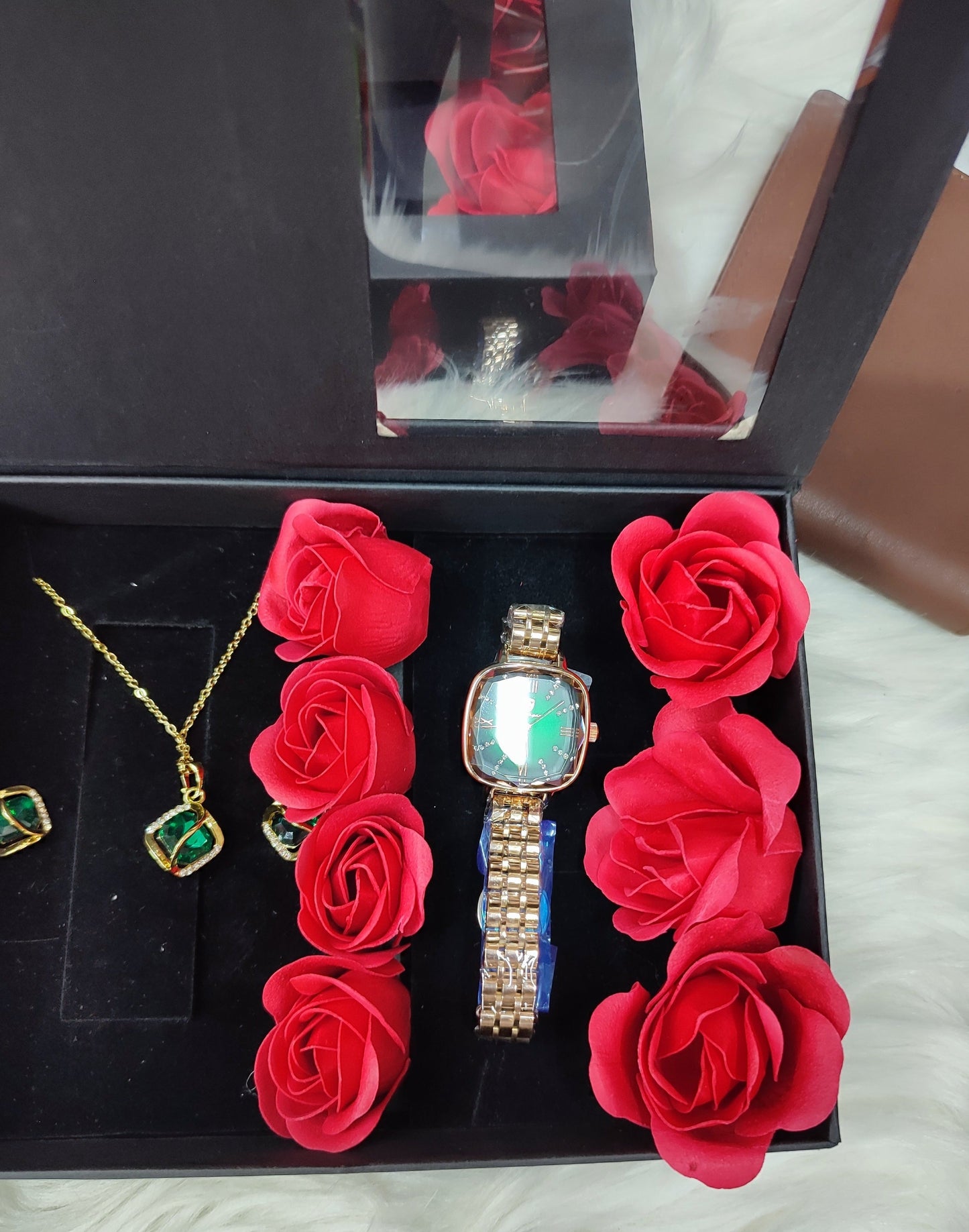 LADIES  GIFT SET (Watch,Necklace,Earrings,Flowers ,a note and gift bag)