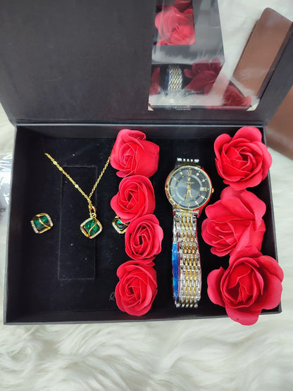 LADIES  GIFT SET (Watch,Necklace,Earrings,Flowers ,a note and gift bag)