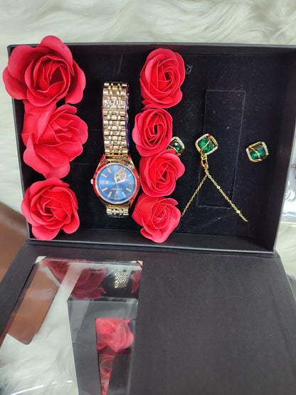 LADIES  GIFT SET (Watch,Necklace,Earrings,Flowers ,a note and gift bag)