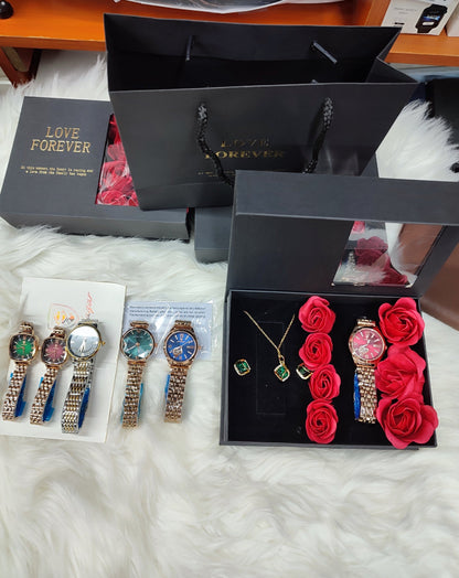 LADIES  GIFT SET (Watch,Necklace,Earrings,Flowers ,a note and gift bag)