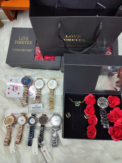 LADIES  GIFT SET (Watch,Necklace,Earrings,Flowers ,a note and gift bag)