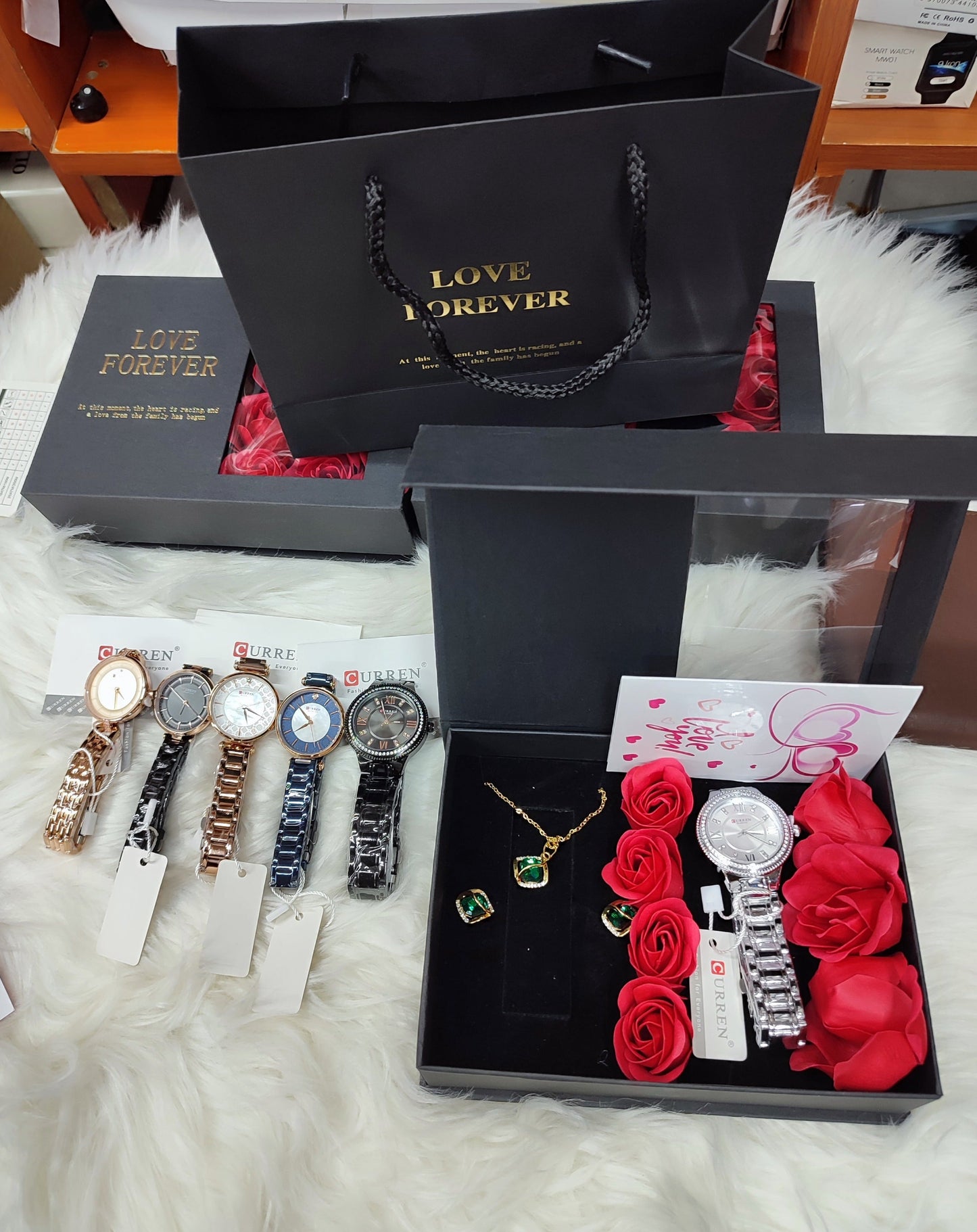 LADIES  GIFT SET (Watch,Necklace,Earrings,Flowers ,a note and gift bag)