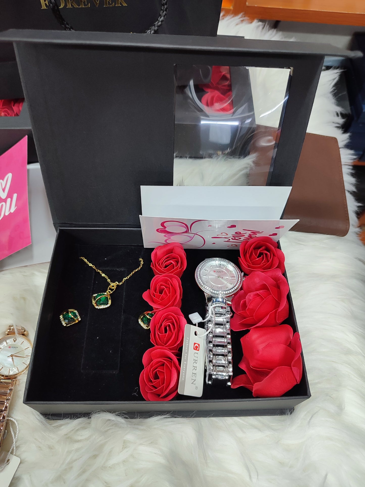 LADIES  GIFT SET (Watch,Necklace,Earrings,Flowers ,a note and gift bag)