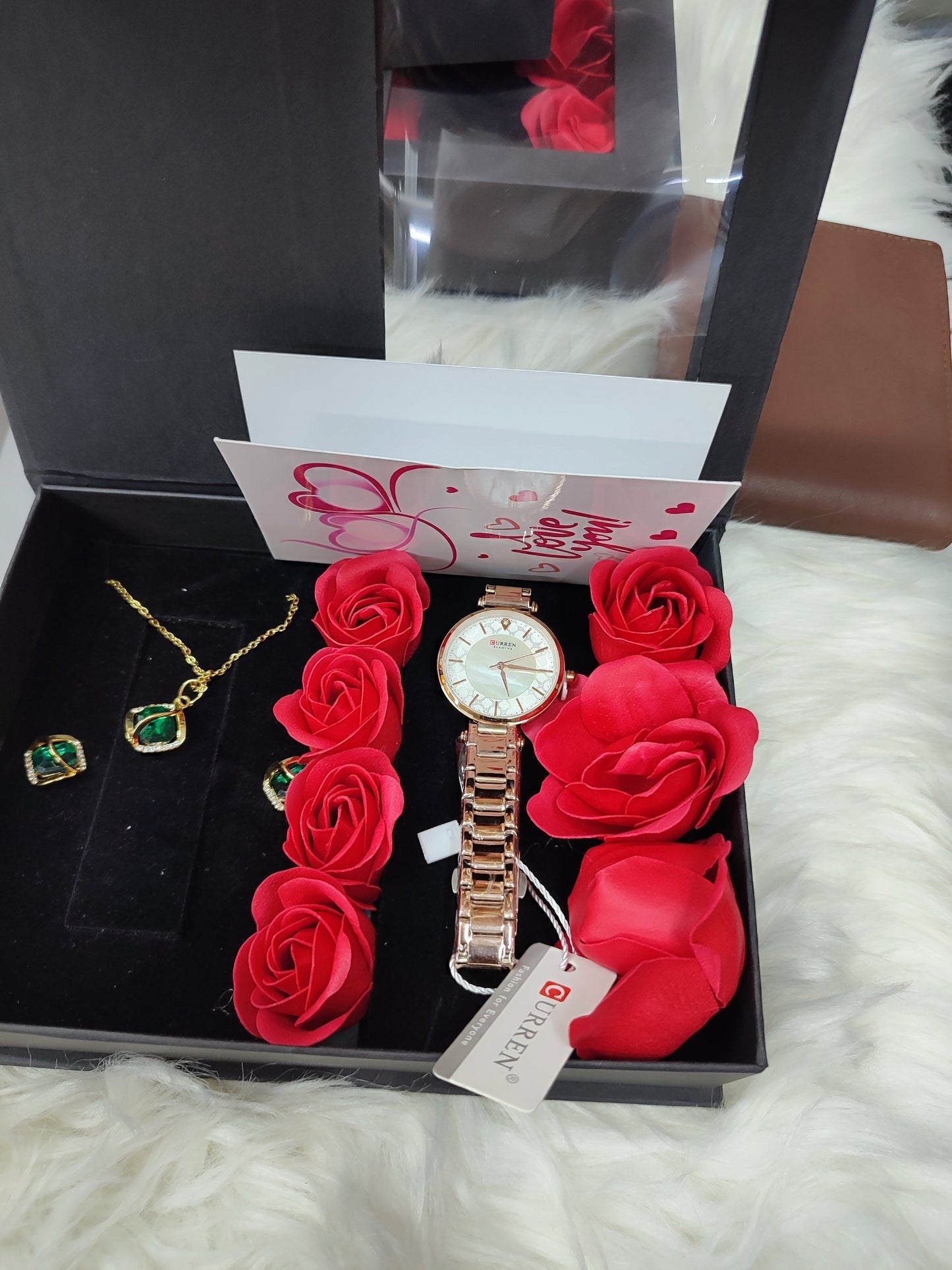 LADIES  GIFT SET (Watch,Necklace,Earrings,Flowers ,a note and gift bag)