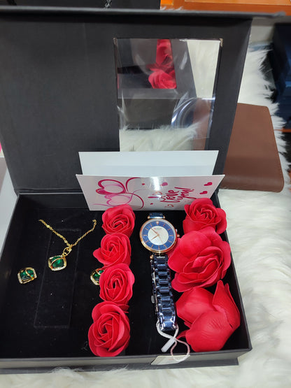 LADIES  GIFT SET (Watch,Necklace,Earrings,Flowers ,a note and gift bag)