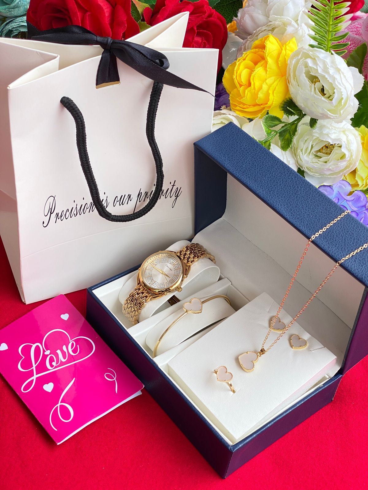 5 IN 1 LADIES SET WITH WATCH,NECKLACE,EARRINGS,BRACELET &RING