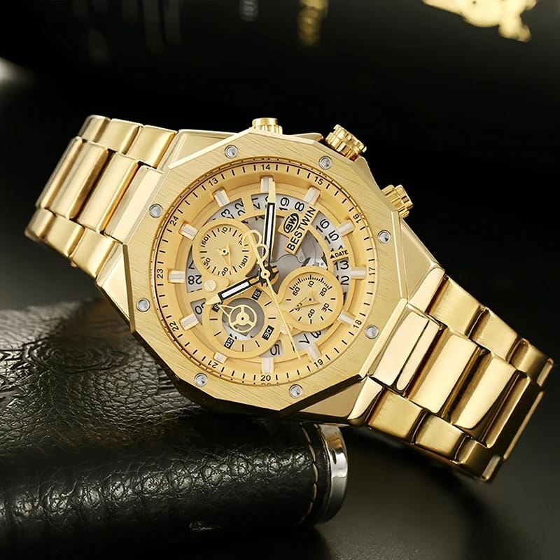 Men's Wrist Watches 2023 Top Brand Luxury BESTWIN Stainless Steel Chronograph Gold Men Quartz Watches For Male Clock Dropship