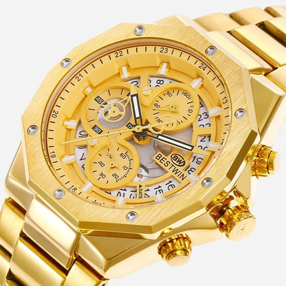 Men's Wrist Watches 2023 Top Brand Luxury BESTWIN Stainless Steel Chronograph Gold Men Quartz Watches For Male Clock Dropship