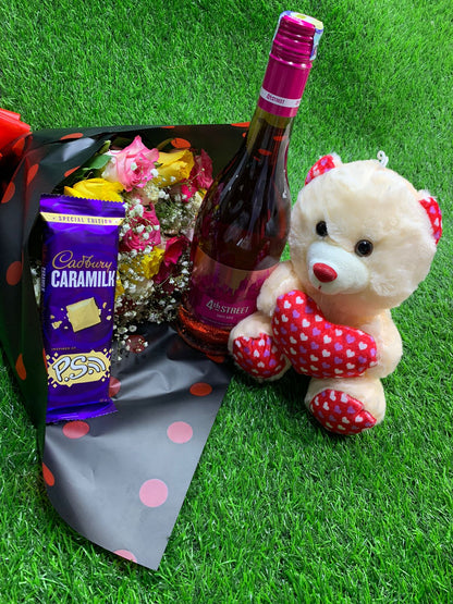 Lovers sensation bouquet and wine valentines gift pack