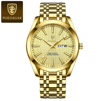 POEDAGAR New Fashion Quartz Wristwatches Gold Clock Men Luxury Watch Casual Business Automatic Watches Mens Steel Relojes 906