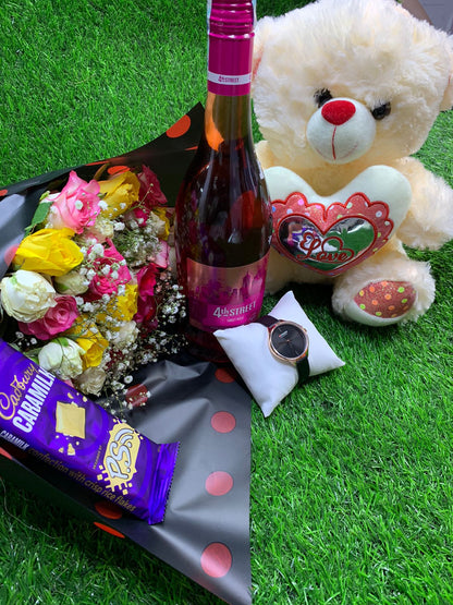 Lovers sensation bouquet and wine valentines gift pack