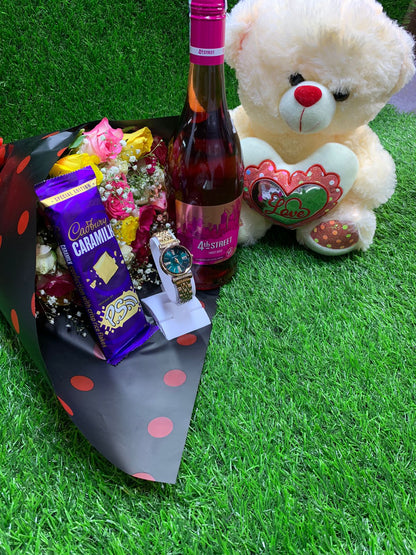 Lovers sensation bouquet and wine valentines gift pack